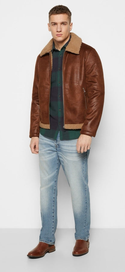 Giubbotto Montone Cognac Eco Uomo Marrone Pelliccia Beige