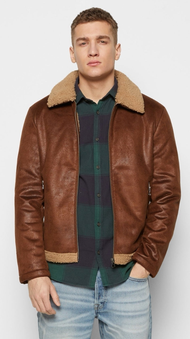 Giubbotto Montone Cognac Eco Uomo Marrone Pelliccia Beige