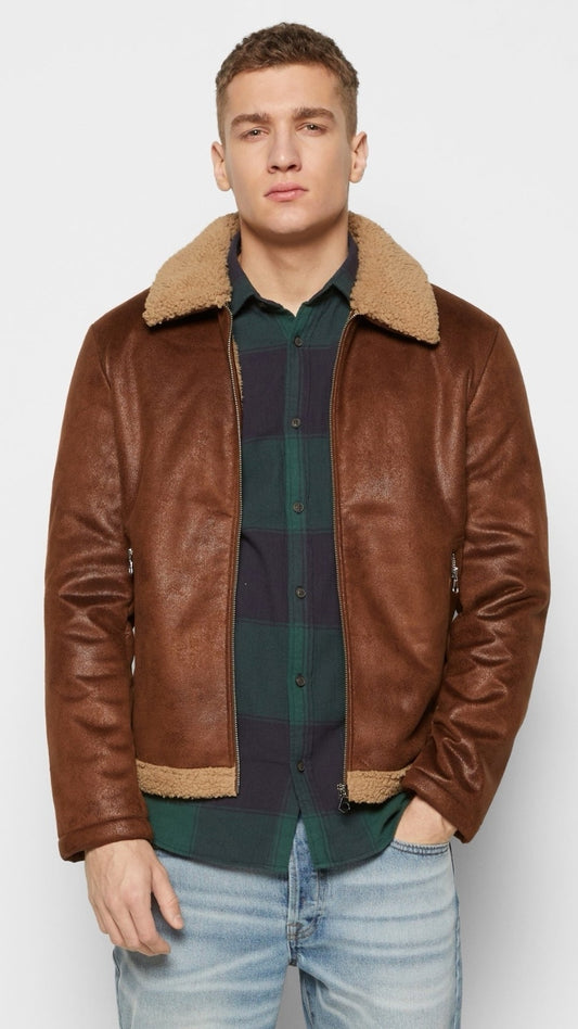 Giubbotto Montone Cognac Eco Uomo Marrone Pelliccia Beige