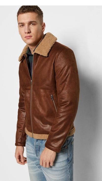 Giubbotto Montone Cognac Eco Uomo Marrone Pelliccia Beige