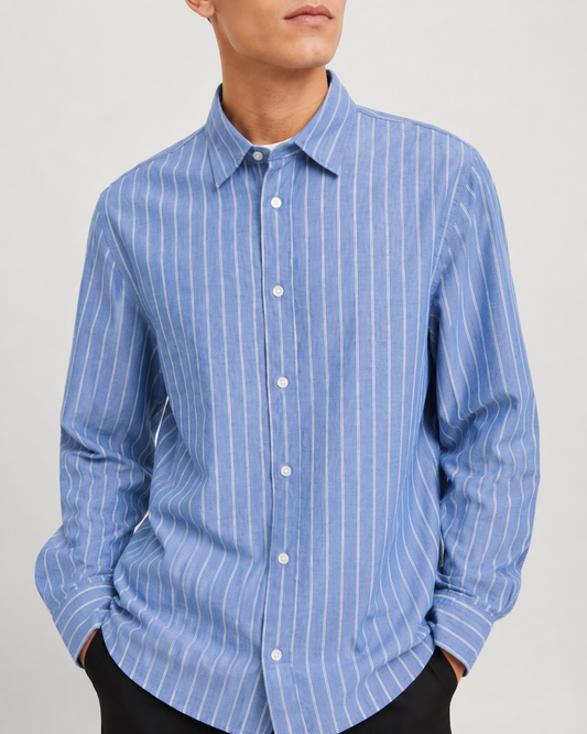 Camicia a righe celeste in lino cotone Jack&Jones premium