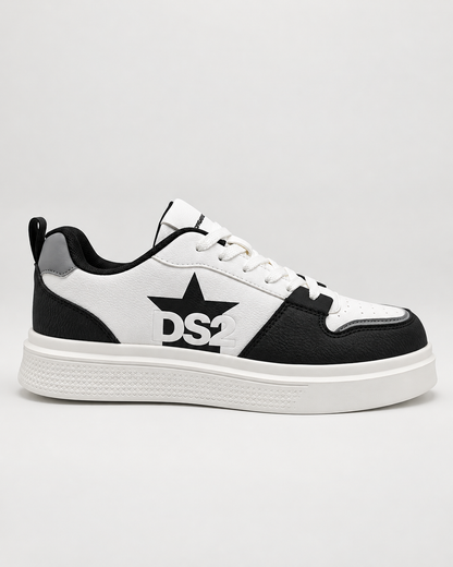 Vista laterale esterna delle sneakers uomo DS2 Platform Star bianche e nere con stella nera e suola alta