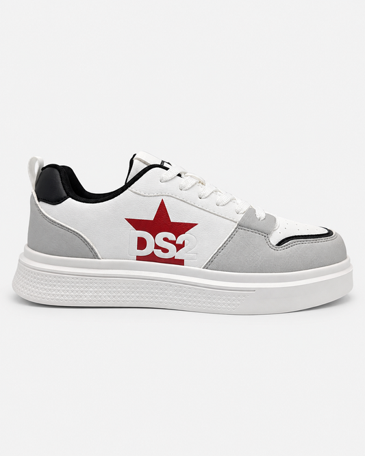 Vista laterale esterna delle sneakers uomo DS2 Platform Star bianche e grigie, con stella rossa e suola alta