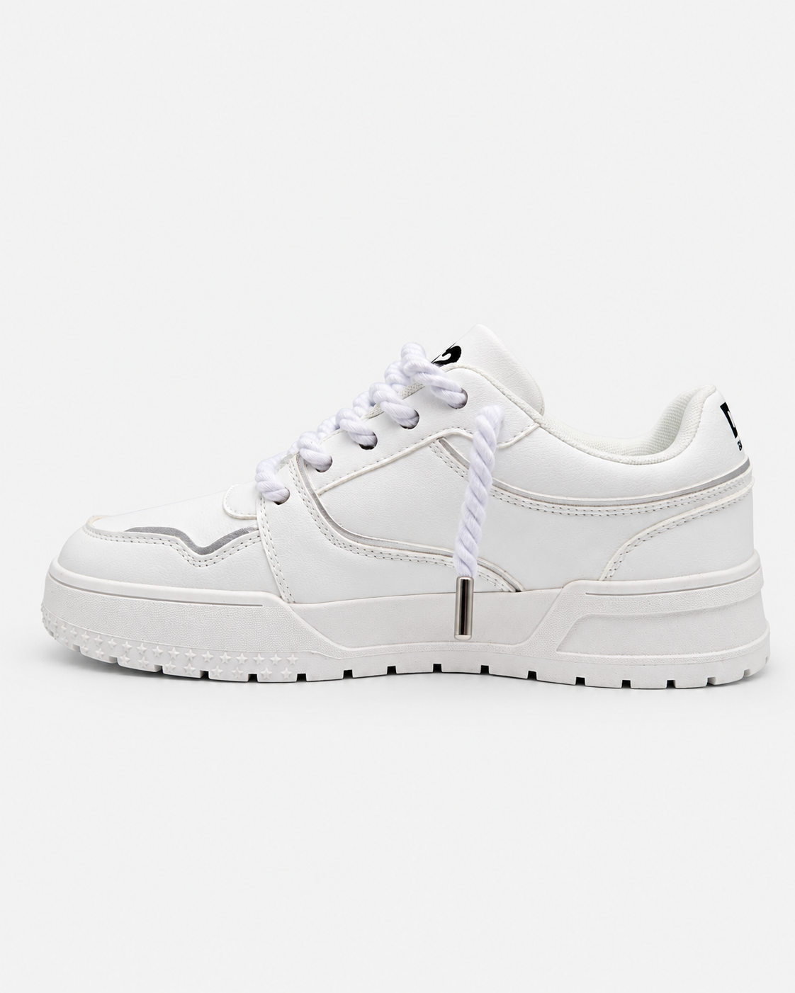 Lato interno della sneaker DS2 ROP bianca con laccio in corda e terminale metallico