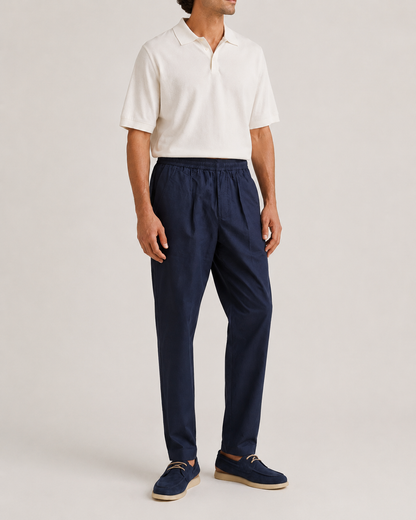 Pantalone uomo carrot fit blu in fresco cotone con vita elastica