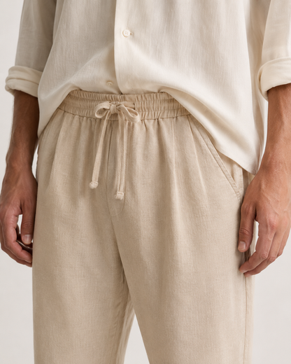 Pantalone uomo beige in lino cotone con vita elastica