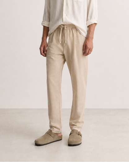 Pantalone uomo beige in lino cotone con vita elastica