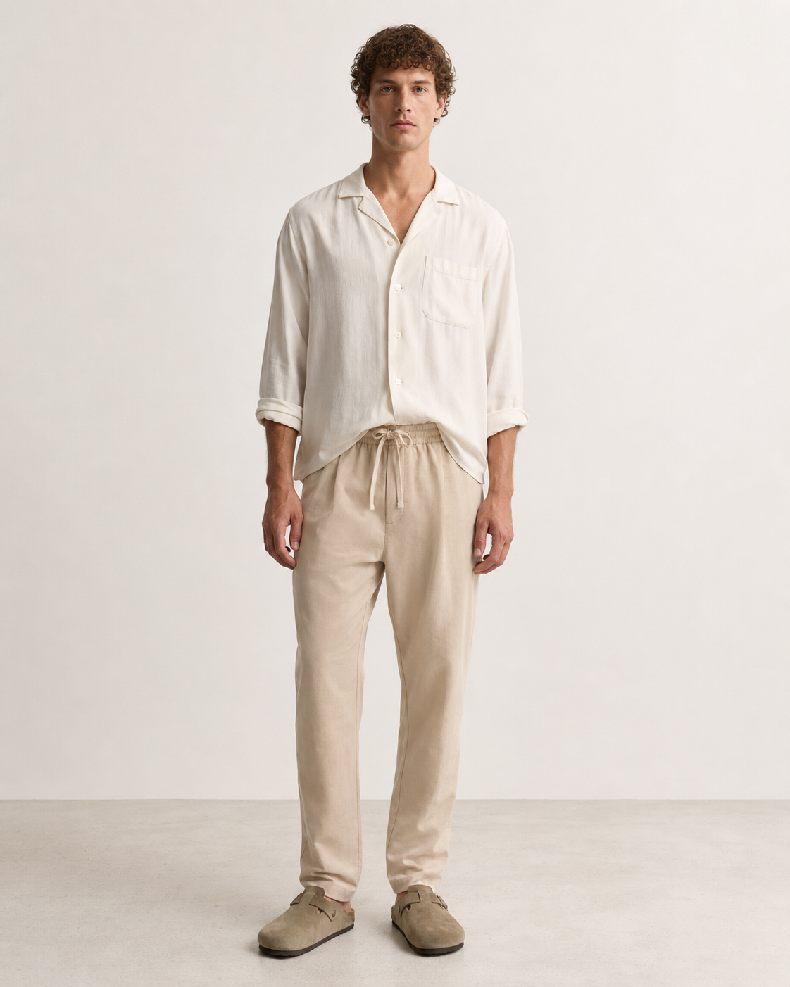 Pantalone uomo beige in lino cotone con vita elastica