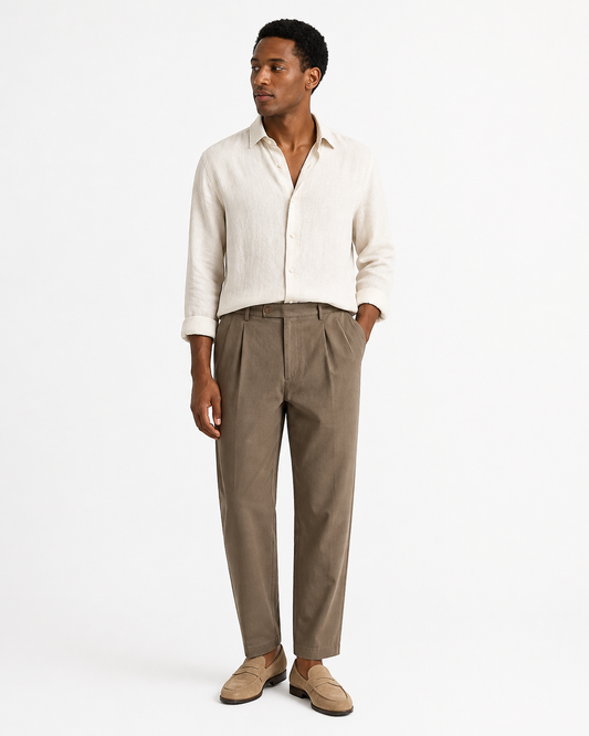 Pantalone largo sartoriale in lino cotone Marrone fango